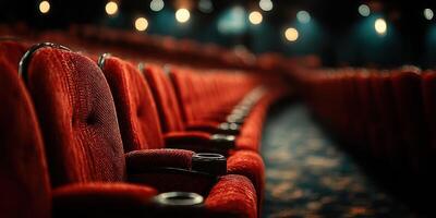 Empty red theater seats set against a dimly lit backdrop before the evening show begins photo