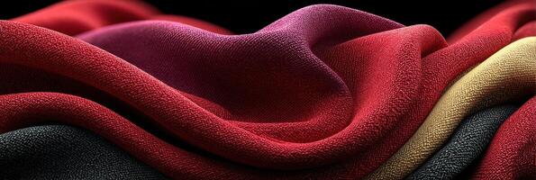Textured fabric draping in rich colors showcasing waves of red, black, and gold under soft lighting photo