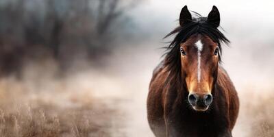 Majestic horse stands in the foggy landscape at dawn, exuding calm and strength in nature's embrace photo