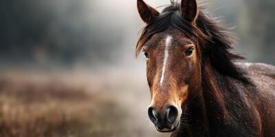 Majestic brown horse standing proudly in a misty field during early morning light photo