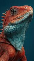 Colorful lizard with intricate scales and unique features poses against a dark background photo