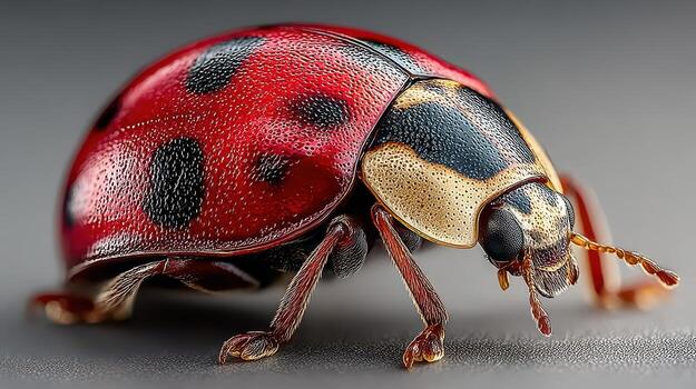 Close-up view of a ladybug with vibrant red shell and distinctive black spots on a neutral background photo