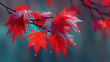 Vibrant red maple leaves glistening after rain in a serene forest setting during autumn photo