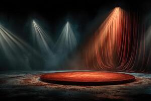 Dramatic stage setup with spotlight and rich curtains for a theatrical performance in an intimate setting photo