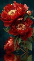 Vibrant red peonies bloom gracefully against a dark green background reflecting their beauty in soft light photo
