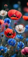 Colorful wildflowers bloom in a vibrant meadow during springtime, showcasing red, white, and blue petals against a soft background photo