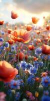 Vibrant wildflower field blooming at sunset in a serene landscape with colorful flowers swaying in the gentle breeze photo