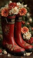 Bright red rain boots filled with vibrant flowers on a rainy day in a garden setting create a cheerful and whimsical atmosphere photo