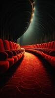 Colorful red seating in a dimly lit theater with artistic lighting effects highlighting the curved architecture photo