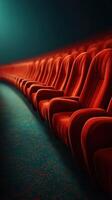 Rows of empty red theater seats illuminated by soft light create a cozy atmosphere for viewers photo
