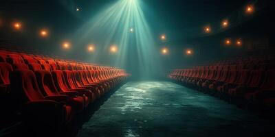 Red velvet seats line the empty theater as soft light beams illuminate the quiet stage during an evening performance rehearsal photo