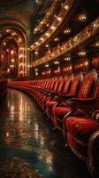 Elegant red velvet chairs arranged in a theater with ornate decor and warm lighting at night photo
