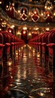 Elegant theater interior with red velvet seats and golden lanterns reflecting in the water photo