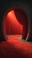 Red curtain entrance leading into a mysterious performance hall with dim lighting photo