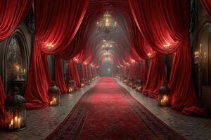 Red draped hallway with lanterns creating an elegant atmosphere for special events in an opulent setting photo
