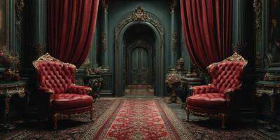 Elegant sitting area with ornate red chairs and dark opulent decor in a vintage interior space photo