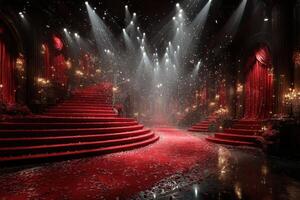 Elegant venue with grand red curtains and a carpet of rose petals for a magical evening event in a dimly lit setting photo