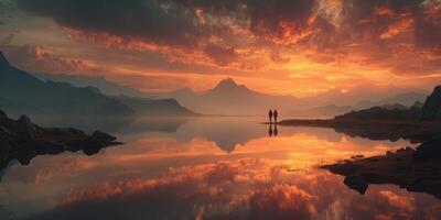 Couple walking hand in hand by a tranquil lake at sunset surrounded by mountains photo