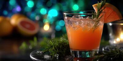 Colorful cocktail garnished with rosemary poses elegantly in a glass with ice, against a vibrant bokeh background photo