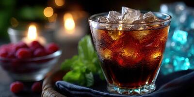 Refreshing beverage with ice served in a glass at a cozy setting with soft lighting and garnished with mint leaves photo