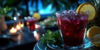 Vibrant drink with lemon slice served at a tropical dinner party during an evening gathering photo