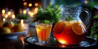 Refreshing iced tea with citrus served in a glass pitcher and decorated with mint leaves in a cozy evening setting photo