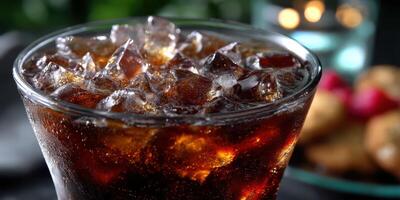 Refreshing drink filled with ice served at a casual gathering in the evening with snacks photo