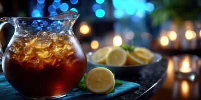 Refreshing iced tea served with lemon slices in a cozy evening setting with soft lighting photo
