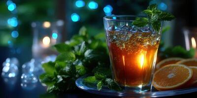 Refreshing mint iced tea with orange slices on a table adorned with glowing lights during a summer evening gathering photo