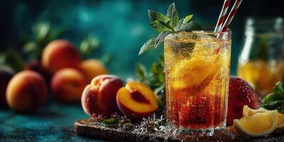 Refreshing peach iced tea served in a glass with mint garnish and striped straws on a vibrant teal background photo