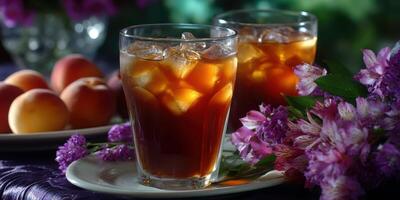 Refreshing iced tea served with fresh peaches and vibrant flowers on a sunny afternoon table photo