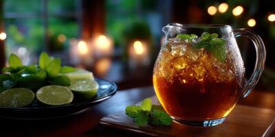 Refreshing iced tea pitcher with mint and lime in cozy setting during evening photo