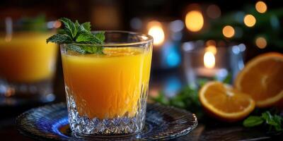 Refreshing citrus drink garnished with mint served on a dark table with glowing candles photo