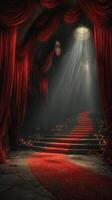 Elegant red drapes and illuminated staircase create a dramatic atmosphere in an ornate venue photo