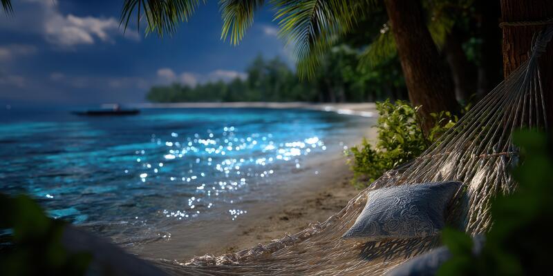 Relaxing hammock by the serene beach with turquoise water and lush palm trees under a clear blue sky