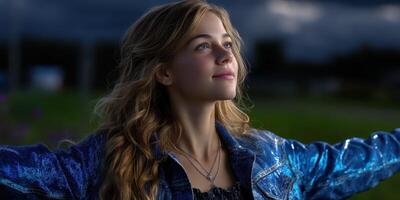 Young girl with long hair wearing a blue jacket enjoys nature under a moody sky at dusk photo