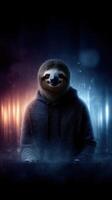 Sloth dressed in hoodie creates music in a digital studio at night, blending cool and warm lights photo