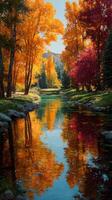 Vibrant autumn reflections in a serene river surrounded by colorful trees photo