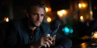 Man enjoying whiskey in a dimly lit bar with a contemplative expression during evening hours photo