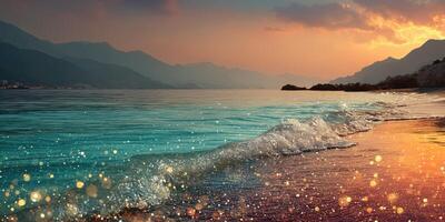 Sunset over the tranquil beach with gentle waves lapping at the shore and mountains in the background photo