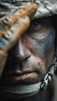 Warrior in battle face paint displays determination and focus during intense military training in a forest environment photo