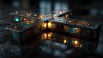 Intricate mosaic cross illuminated by soft light in a dark, reflective environment photo