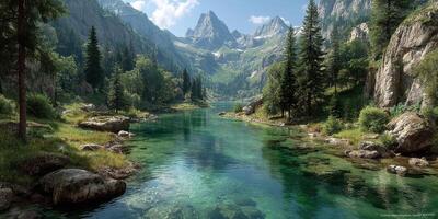 Serene mountain landscape with clear waters and lush greenery in a tranquil setting photo