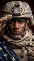 Soldier saluting proudly while wearing military uniform and American flag in a dusty environment photo