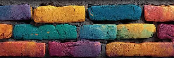 Colorful brick wall displaying vibrant paint in various shades against a dark background at midday photo