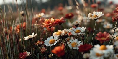 Vibrant wildflowers bloom in a golden field under soft sunlight during late afternoon hours photo
