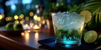 Refreshing mojito cocktail served at a lively outdoor gathering during a summer evening celebration photo