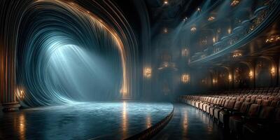 Majestic theater interior with a stunning wave-like curtain design and soft lighting during a performance photo