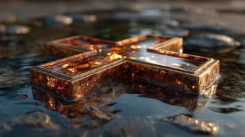 Reflection of a golden cross on wet stones during sunset near a riverbank showcasing serenity and beauty photo