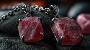 Elegant ruby pendants displayed on textured black stones with intricate metalwork showcasing craftsmanship and beauty photo